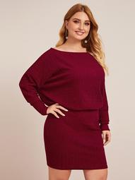 Plus Solid Boat Neck Fitted Sweater Dress