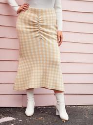 Plus Button Front Gingham Sweater Skirt