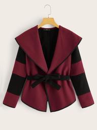 Plus Contrast Binding Two Tone Self Belted Coat