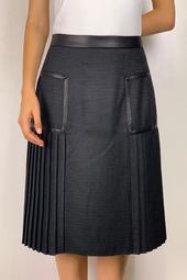 Black Pleated Faux Leather Trim Skirt 25"