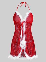 Christmas Fuzzy Tie Front T Back Plus Size Lace Babydoll