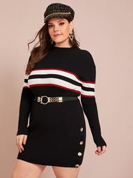 Plus Button Detail Striped Bodycon Sweater Dress Without Belt