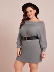 Plus Boat Neck Batwing Sleeve Sweater Dress Without Belt