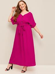 Plus V-neck Cuffed Sleeve Button Front Belted Dress