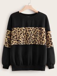 Plus Drop Shoulder Contrast Leopard Flannel Pullover