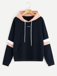 Plus Letter Embroidery Contrast Collar Sweatshirt