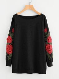 Plus Rose Patched Ripped Sweatshirt