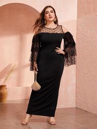 Plus Cold Shoulder Layered Dobby Mesh Sleeve Maxi Dress