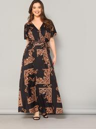 Plus Scarf Print Wrap Belted Maxi Dress