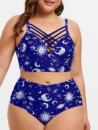 Plus Size Sun Moon Print Criss Cross Bikini Set