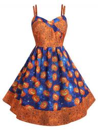 Plus Size Pumpkin Print Halloween Vintage 50s Dress