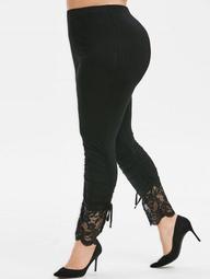 Plus Size Flower Lace Insert Ruched Bowknot Skinny Leggings