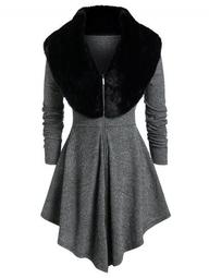 Plus Size Faux Fur Zip Front Marled Skirted Coat