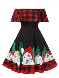 Plus Size Plaid Off Shoulder Christmas Printed Dress
