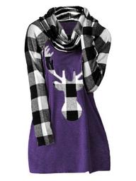 Plus Size Cowl Neck Plaid Elk Print Christmas T Shirt