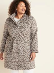 Oversized Soft-Brushed Plus-Size Funnel-Neck Leopard-Print Coat