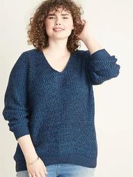 Shaker-Stitch V-Neck Plus-Size Sweater