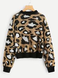 Plus Contrast Trim Leopard Sweater