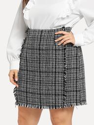 Plus Frayed Trim Tweed Skirt
