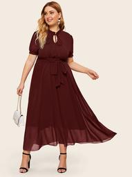 Plus Tie Neck Belted Frill Neck Dress