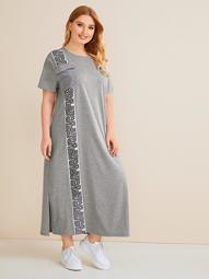 Plus Striped Pocket Front Greek Fret Tape Slit Side Dress
