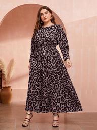 Plus Gigot Sleeve Leopard Print Belted Dress