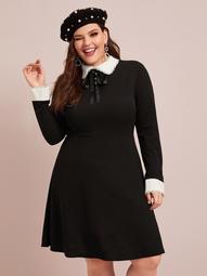 Plus Contrast Collar and Cuff Buttoned Tie Front Dress