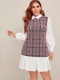 Plus Plaid Color Block Double Button Tweed 2 In 1 Dress