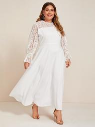 Plus Floral Lace Yoke Bell Sleeve Dress Without Belt
