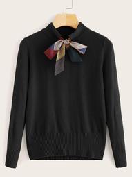 Plus Tie Neck Ribbed Knit Hem Sweater