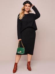Plus Cable Knit Oversized Sweater and Pocket Front Skirt Set