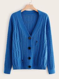 Plus Buttoned Placket Ripped Detail Cable Knit Cardigan