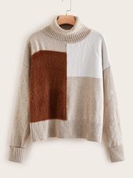 Plus Turtleneck Colorblock Fuzzy Sweater