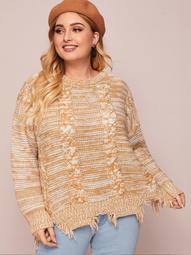 Plus Ripped Hem Cable Knit Sweater