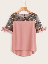 Plus Contrast Mesh Floral Embroidered Blouse