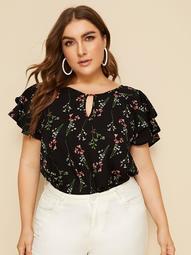 Plus Keyhole Neckline Layered Sleeve Floral Top