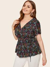 Plus Ditsy Floral Belted Wrap Blouse