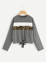 Plus Knot Hem Contrast Leopard Sweatshirt