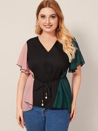 Plus Contrast Panel Butterfly Sleeve Belted Blouse
