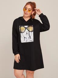 Plus Contrast Sequin Figure Patched Hoodie Dress
