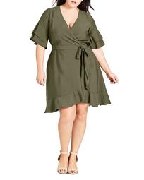 Tiered-Sleeve Faux-Wrap Dress