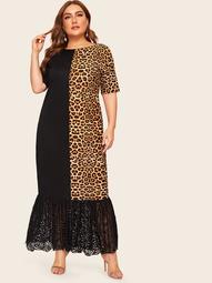 Plus Contrast Leopard Print Ruffle Hem Maxi Dress
