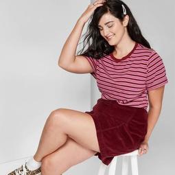 Women's Plus Size Striped Short Sleeve Relaxed Crewneck T-Shirt - Wild Fable™ Maroon