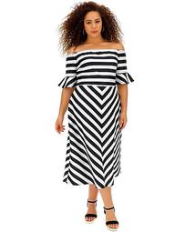 Mono Stripe Off-the-Shoulder Occcasion Dress