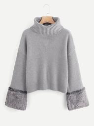 Plus Turtleneck Faux Fur Cuff Sweater