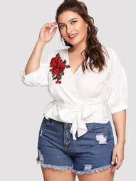 Plus Rose Embroidery Knot Front Top