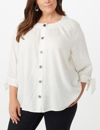 Plus Size Pleated Tied-Sleeve Button-Up Top