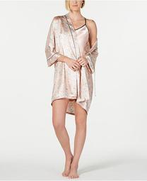 Contrast-Trim Chemise Nightgown and Printed Wrap Robe Set