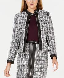 Tweed Zip-Up Jacket With Faux-Leather Trim