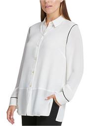 Piped-Trim Button-Up Blouse